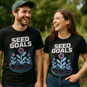 Person wearing the black womens gardening shirts graphic tee - "Seed Goals" design