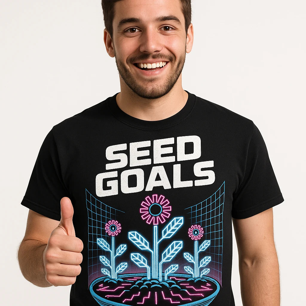 Close-up of the "Seed Goals" white print on a premium Bella+Canvas black womens gardening shirts