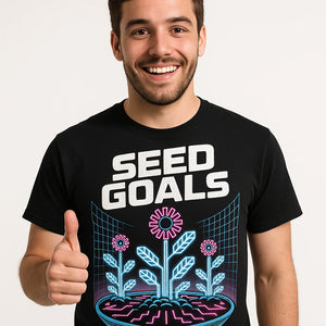 Close-up of the "Seed Goals" white print on a premium Bella+Canvas black womens gardening shirts