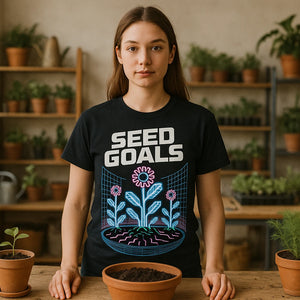 Lifestyle shot of the "Seed Goals" black womens gardening shirts in a real-world setting