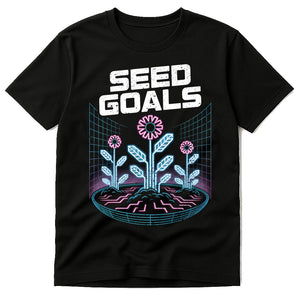 Black Womens Gardening Shirts - "Seed Goals" graphic tee with white print, flat lay product photo