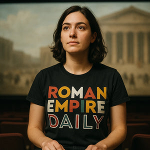 Lifestyle shot of the "Roman Empire Daily" black african american history t shirts in a real-world setting