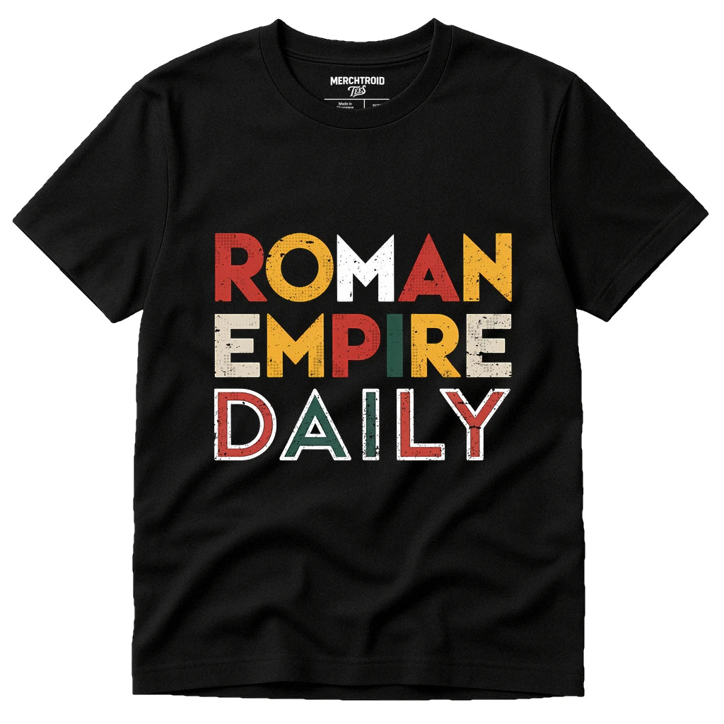 Black African American History T Shirts - "Roman Empire Daily" graphic tee with orange print, flat lay product photo