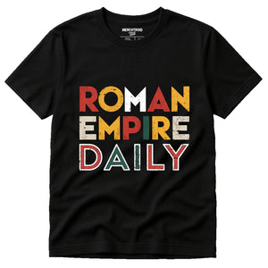 Black African American History T Shirts - "Roman Empire Daily" graphic tee with orange print, flat lay product photo