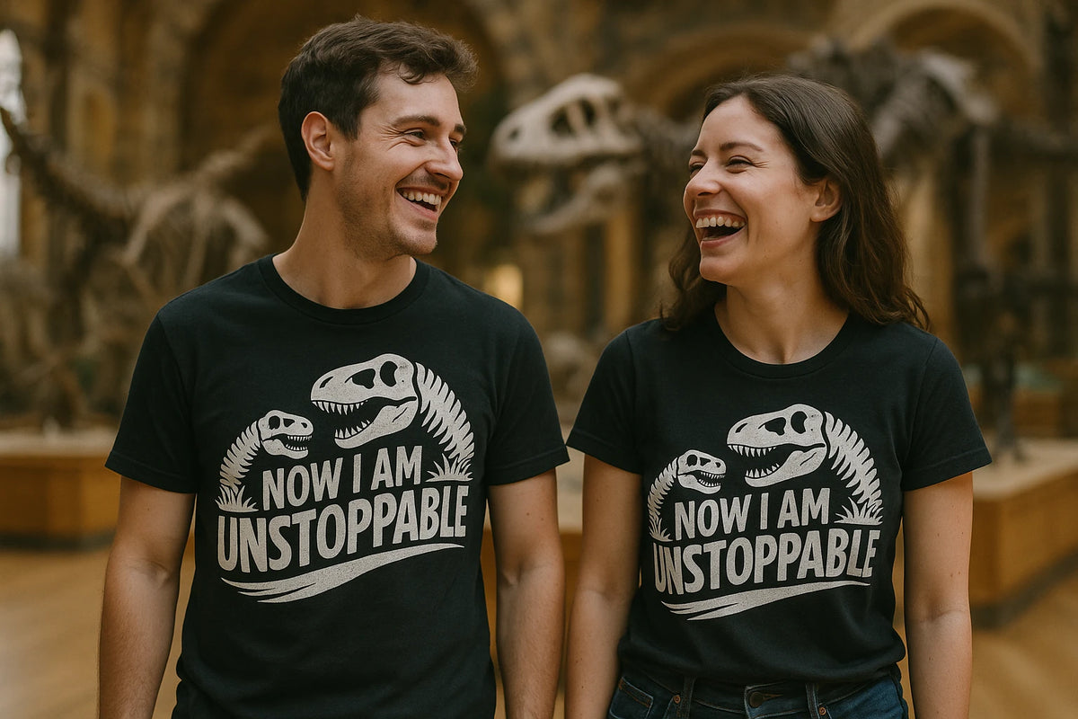 Person wearing the black paleontology shirts graphic tee - "Now I Am Unstoppable" design