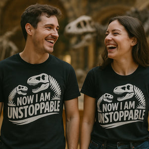 Person wearing the black paleontology shirts graphic tee - "Now I Am Unstoppable" design