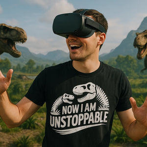 Lifestyle shot of the "Now I Am Unstoppable" black paleontology shirts in a real-world setting