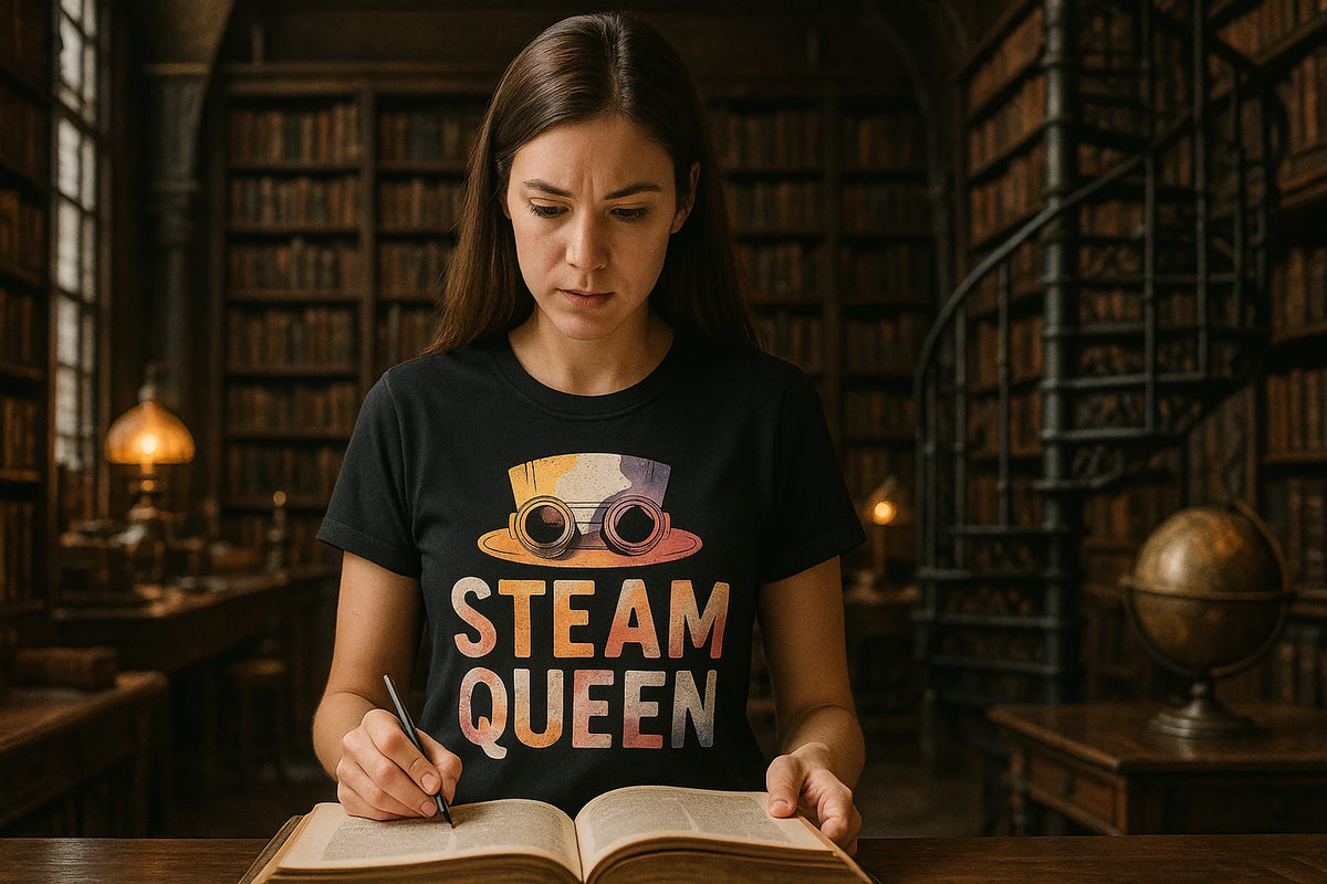 Lifestyle shot of the "Steam Queen" black steampunk shirts in a real-world setting