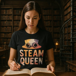 Lifestyle shot of the "Steam Queen" black steampunk shirts in a real-world setting