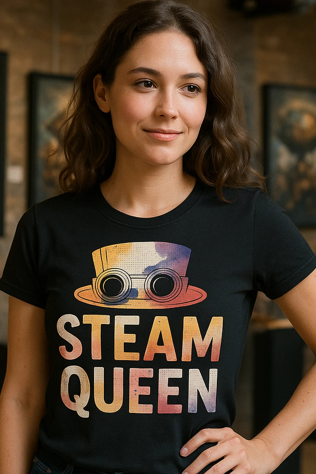 "Steam Queen" black steampunk shirts, photographed as steampunk lover gift