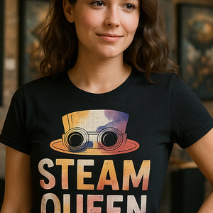 "Steam Queen" black steampunk shirts, photographed as steampunk lover gift