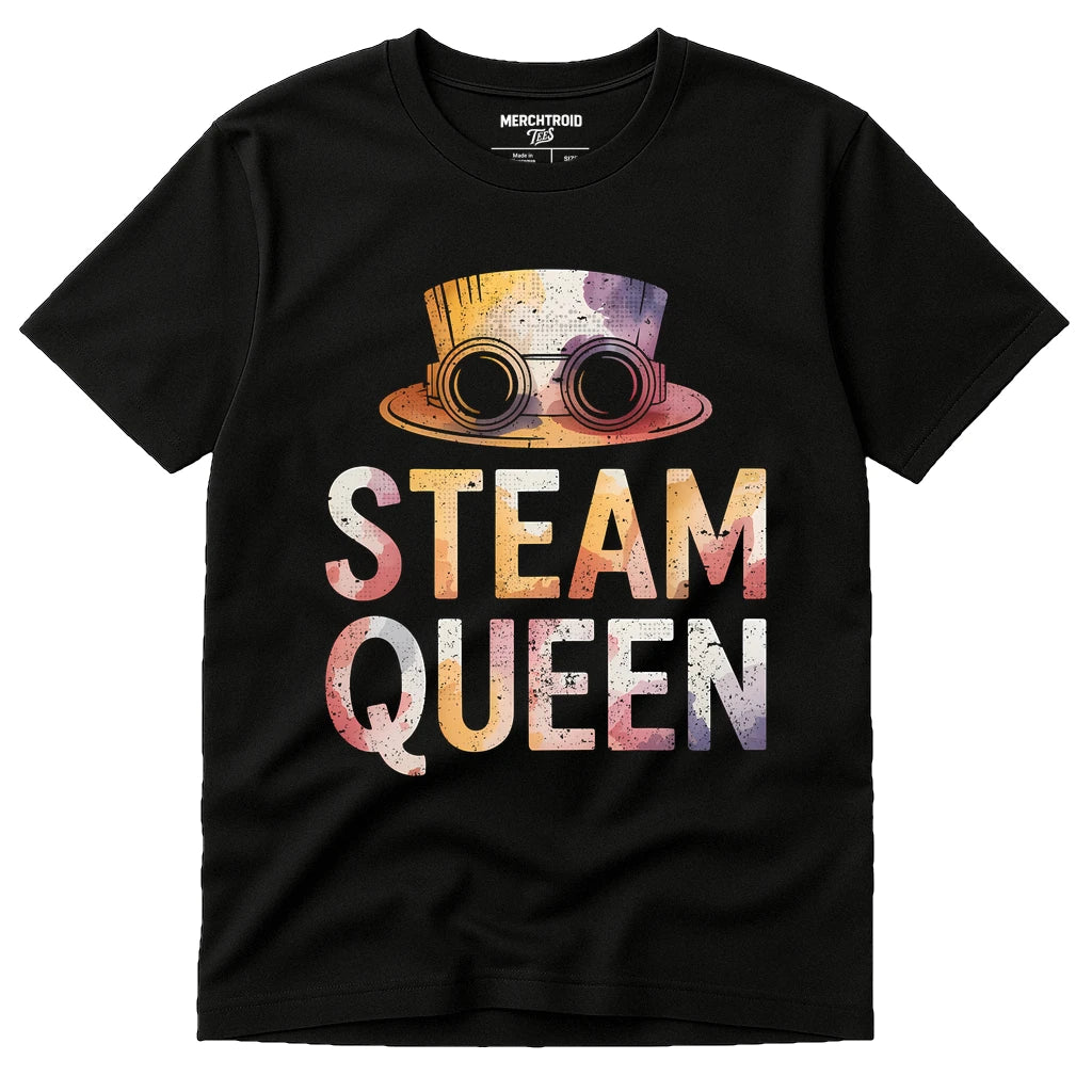 Black Steampunk Shirts - "Steam Queen" graphic tee with beige print, flat lay product photo