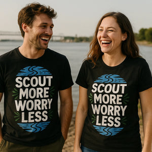 Person wearing the black rivers t shirt graphic tee - "Scout More Worry Less" design