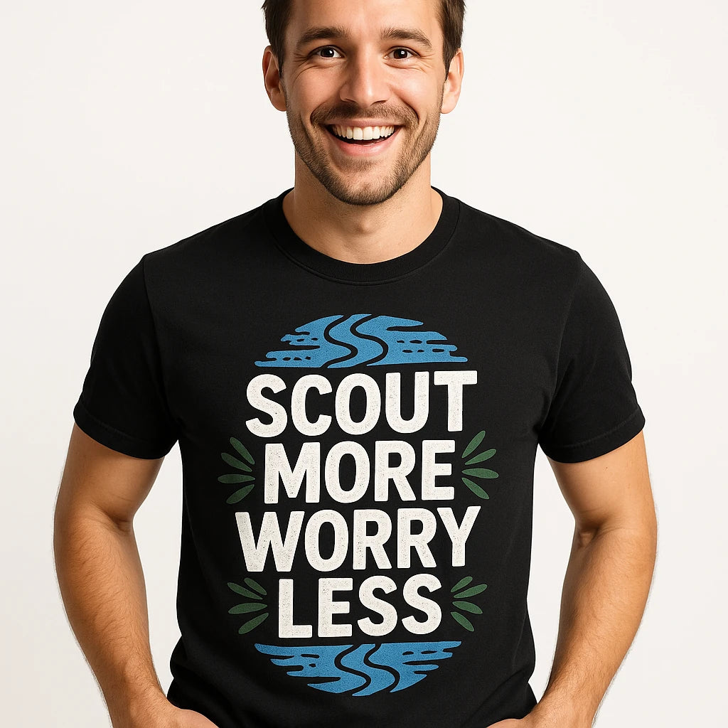 Close-up of the "Scout More Worry Less" white print on a premium Bella+Canvas black rivers t shirt