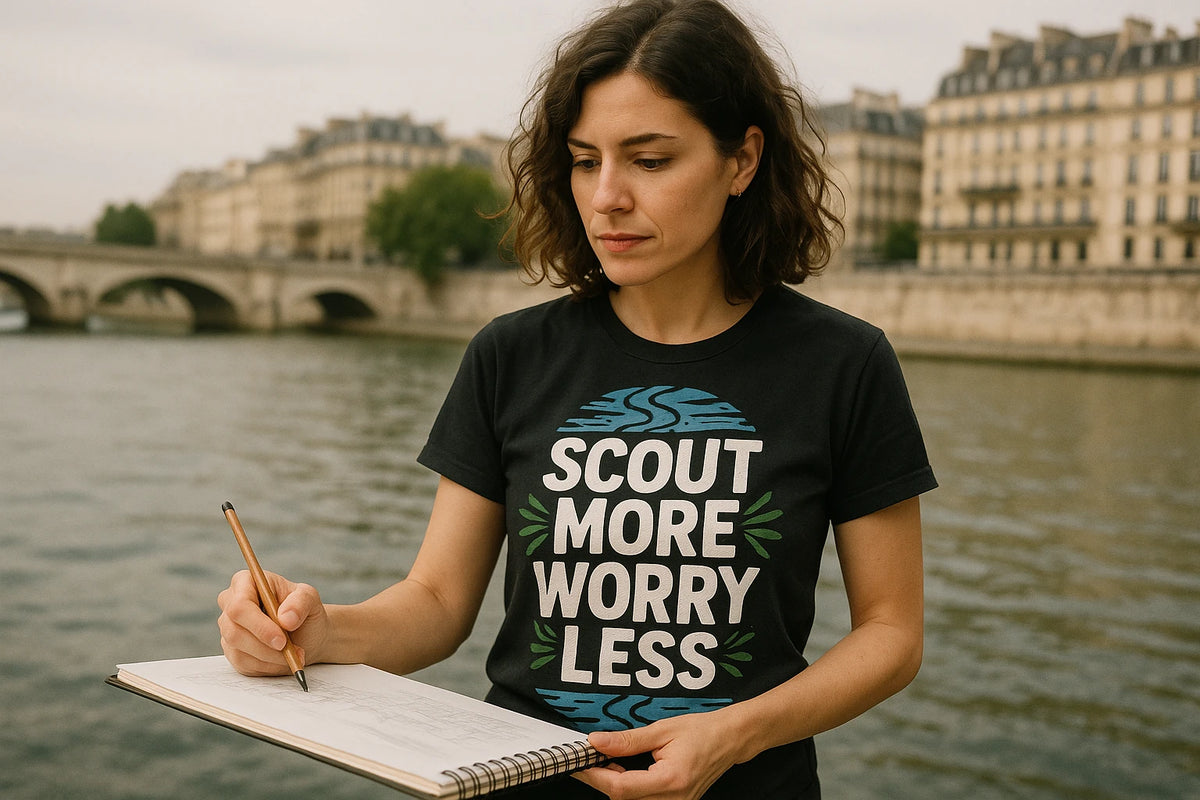 Lifestyle shot of the "Scout More Worry Less" black rivers t shirt in a real-world setting