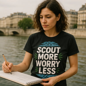 Lifestyle shot of the "Scout More Worry Less" black rivers t shirt in a real-world setting