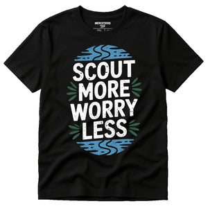 Black Rivers T Shirt - "Scout More Worry Less" graphic tee with white print, flat lay product photo