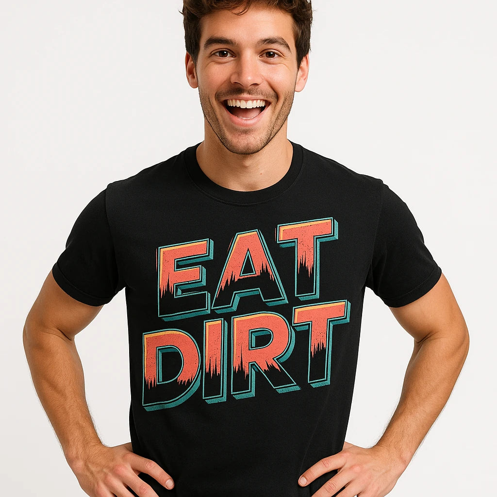 Close-up of the "Eat Dirt" orange print on a premium Bella+Canvas black trail running shirts