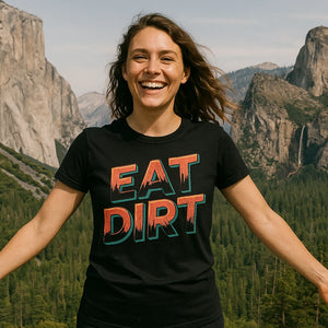 Lifestyle shot of the "Eat Dirt" black trail running shirts in a real-world setting