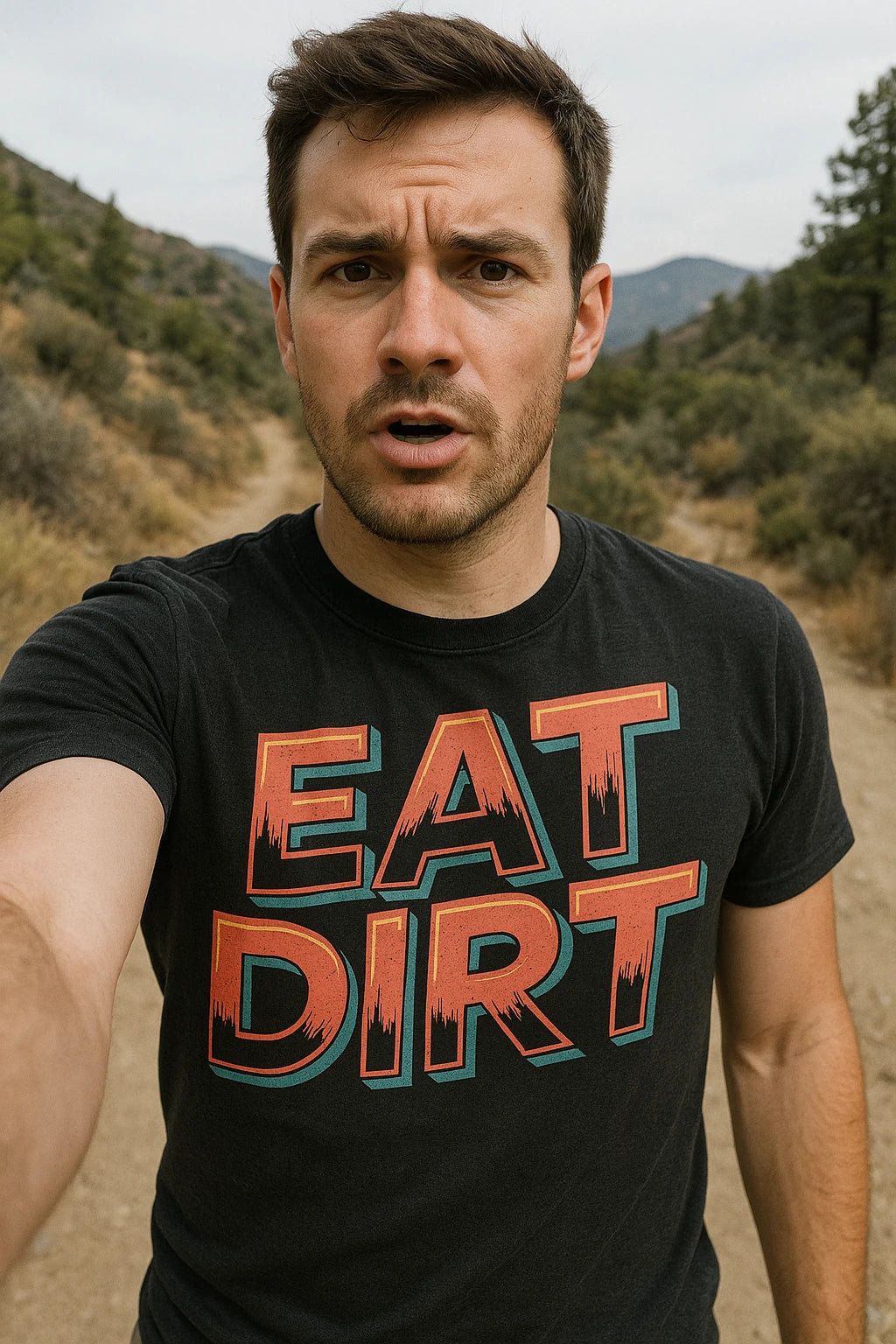 "Eat Dirt" black trail running shirts, photographed as trail running lover gift
