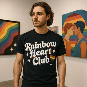 Lifestyle shot of the "Rainbow Heart Club" black lgbtq pride t shirt in a real-world setting