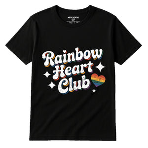 Black Lgbtq Pride T Shirt - "Rainbow Heart Club" graphic tee with white print, flat lay product photo