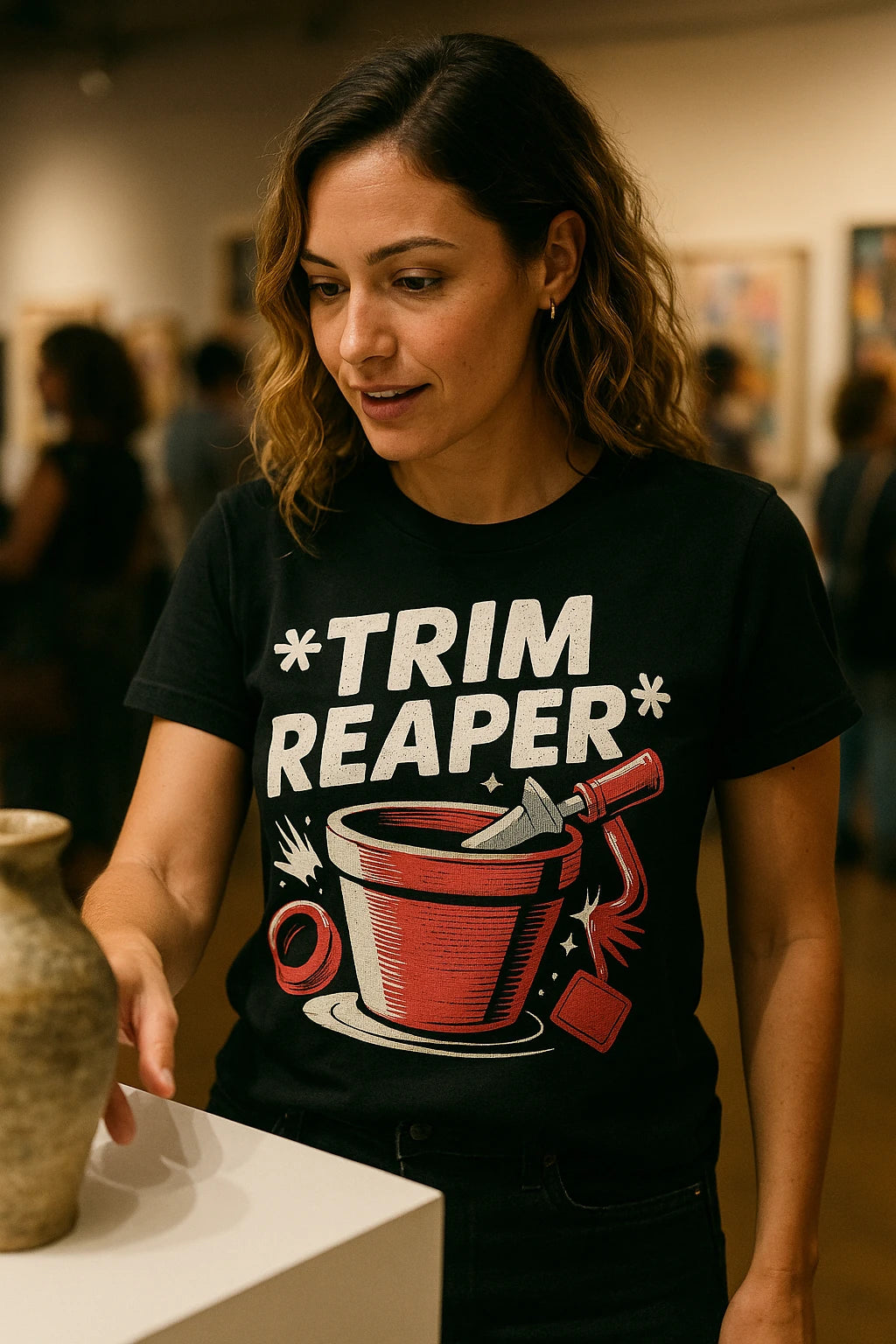 "Trim Reaper" black online ceramics t shirt, photographed as gifts for ceramic lovers