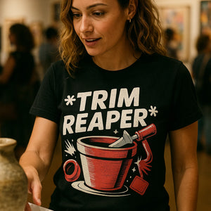 "Trim Reaper" black online ceramics t shirt, photographed as gifts for ceramic lovers