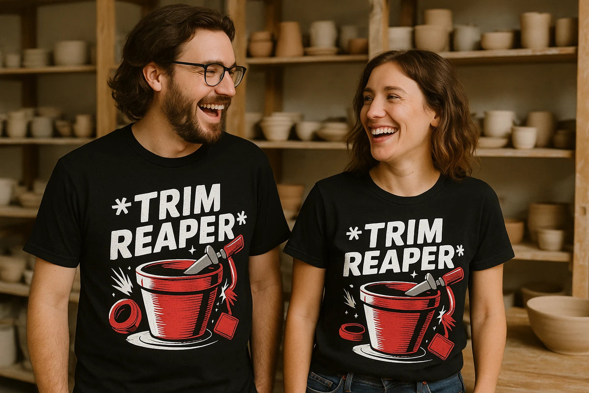 Person wearing the black online ceramics t shirt graphic tee - "Trim Reaper" design