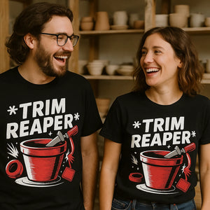 Person wearing the black online ceramics t shirt graphic tee - "Trim Reaper" design