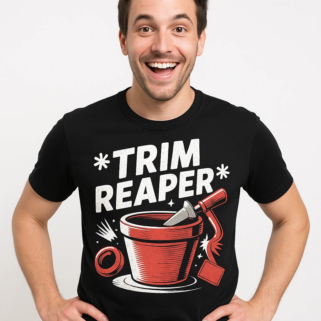 Close-up of the "Trim Reaper" white print on a premium Bella+Canvas black online ceramics t shirt