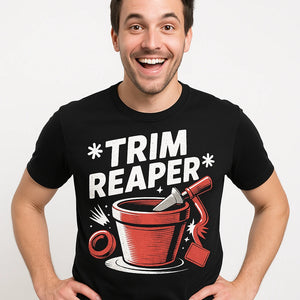 Close-up of the "Trim Reaper" white print on a premium Bella+Canvas black online ceramics t shirt