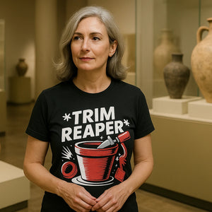 Lifestyle shot of the "Trim Reaper" black online ceramics t shirt in a real-world setting