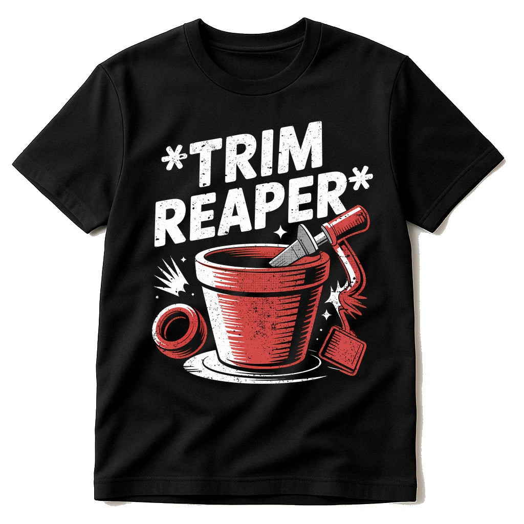 Black Online Ceramics T Shirt - "Trim Reaper" graphic tee with white print, flat lay product photo