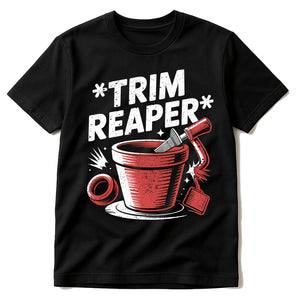 Black Online Ceramics T Shirt - "Trim Reaper" graphic tee with white print, flat lay product photo