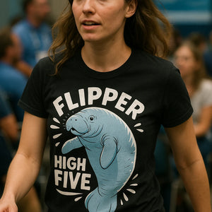 "Flipper High Five" black manatee t shirt, photographed as gifts for manatee lovers