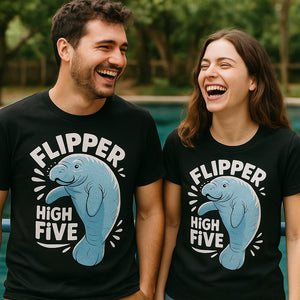 Person wearing the black manatee t shirt graphic tee - "Flipper High Five" design