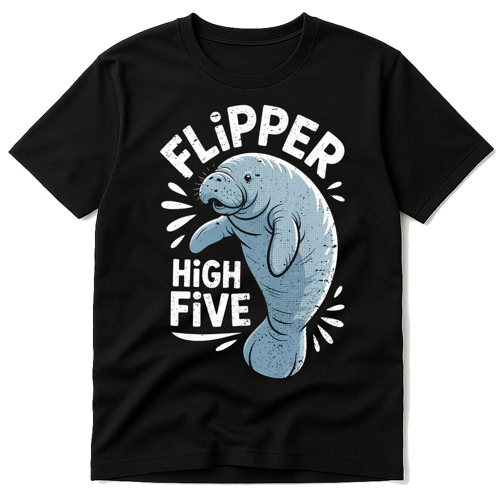 Black Manatee T Shirt - "Flipper High Five" graphic tee with gray print, flat lay product photo