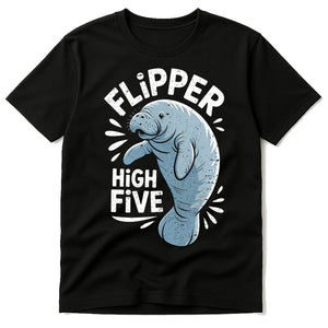 Black Manatee T Shirt - "Flipper High Five" graphic tee with gray print, flat lay product photo