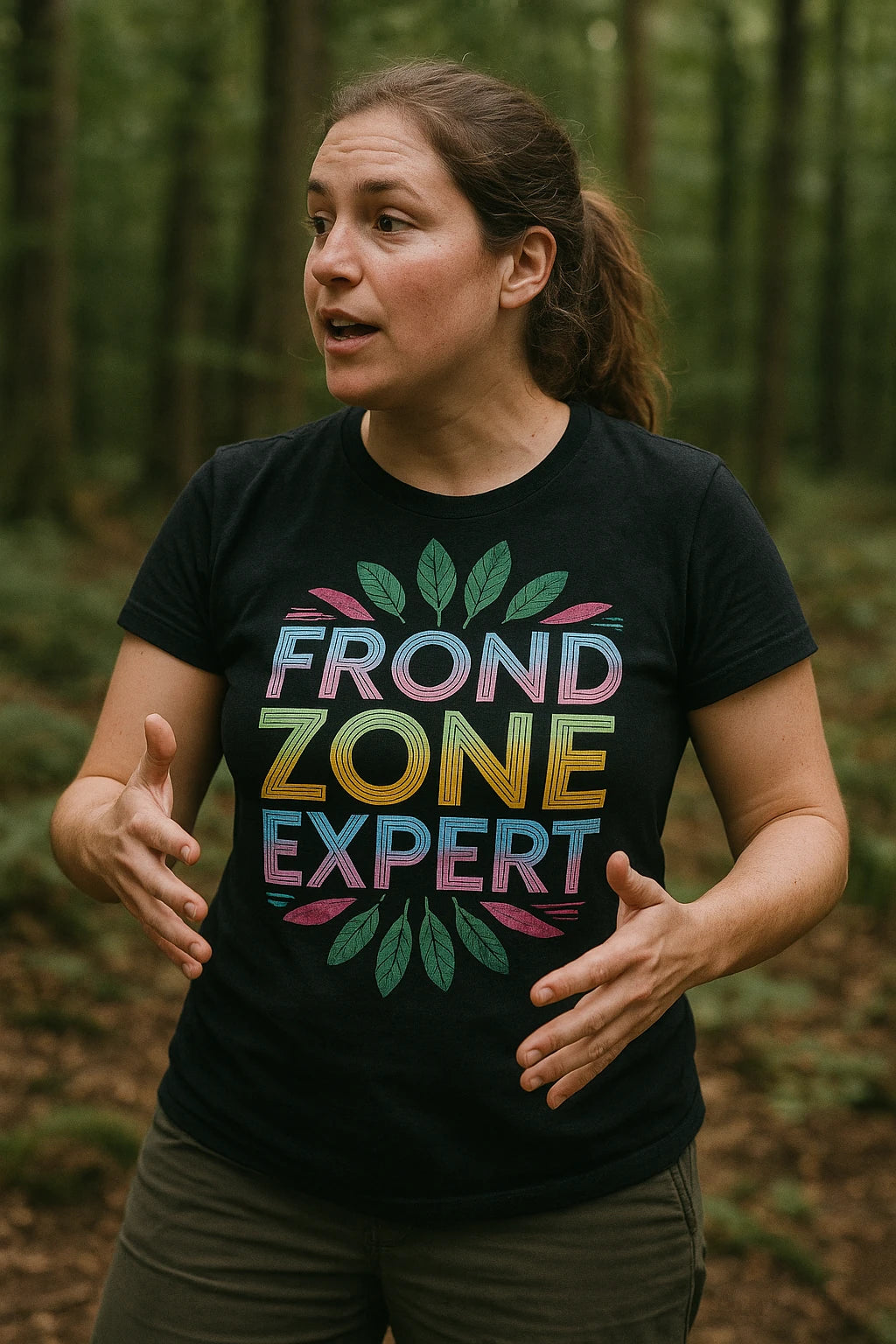 "Frond Zone Expert" black botany t shirt, photographed as gifts for botany lovers