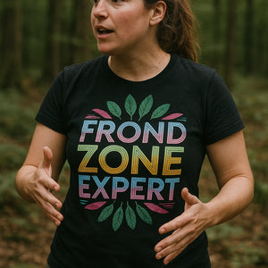 "Frond Zone Expert" black botany t shirt, photographed as gifts for botany lovers
