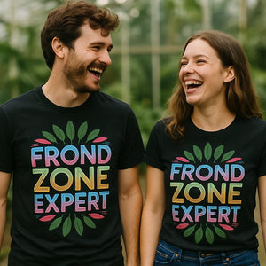 Person wearing the black botany t shirt graphic tee - "Frond Zone Expert" design