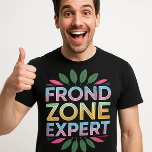 Close-up of the "Frond Zone Expert" gray print on a premium Bella+Canvas black botany t shirt