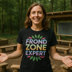 Lifestyle shot of the "Frond Zone Expert" black botany t shirt in a real-world setting