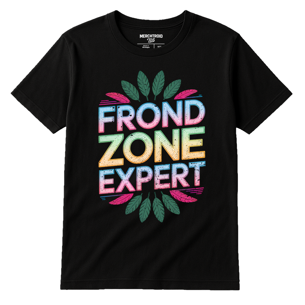 Black Botany T Shirt - "Frond Zone Expert" graphic tee with gray print, flat lay product photo