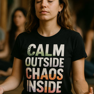 "Calm Outside Chaos Inside" black meditation tee shirts - also one of the gifts for yoga and meditation lovers