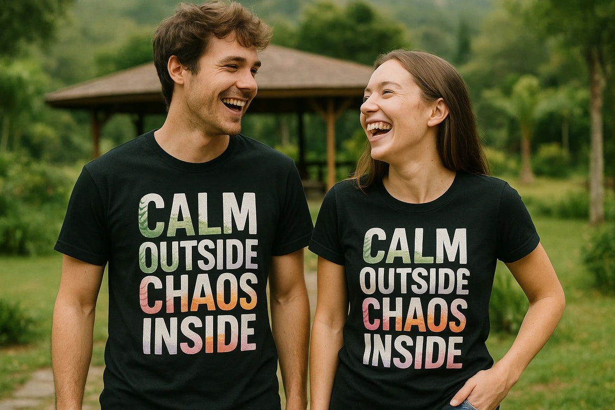 Person wearing the black meditation tee shirts graphic tee - "Calm Outside Chaos Inside" design