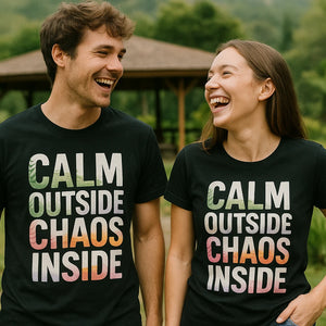 Person wearing the black meditation tee shirts graphic tee - "Calm Outside Chaos Inside" design