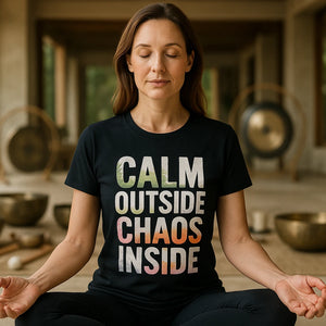 Lifestyle shot of the "Calm Outside Chaos Inside" black meditation tee shirts in a real-world setting