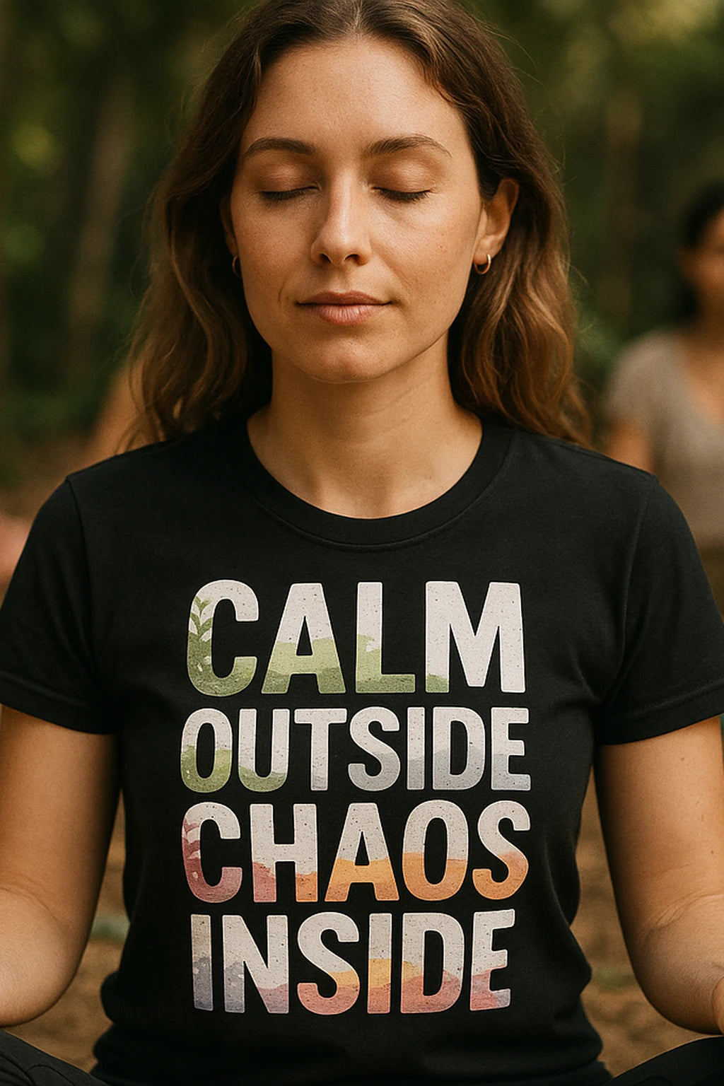 "Calm Outside Chaos Inside" black meditation tee shirts, photographed as gift for meditation lover